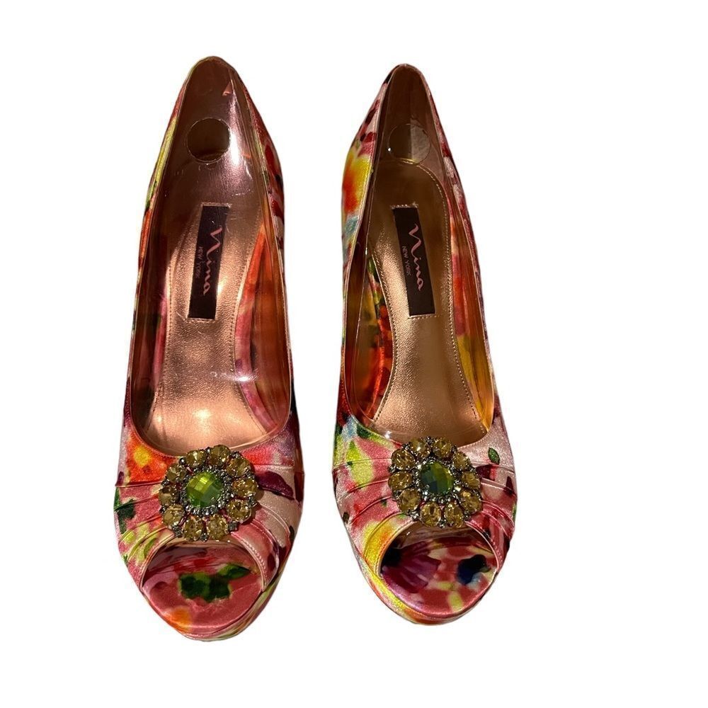 Satin peep toe heels pink size 9M NINA platform WOMEN RAINBOW..